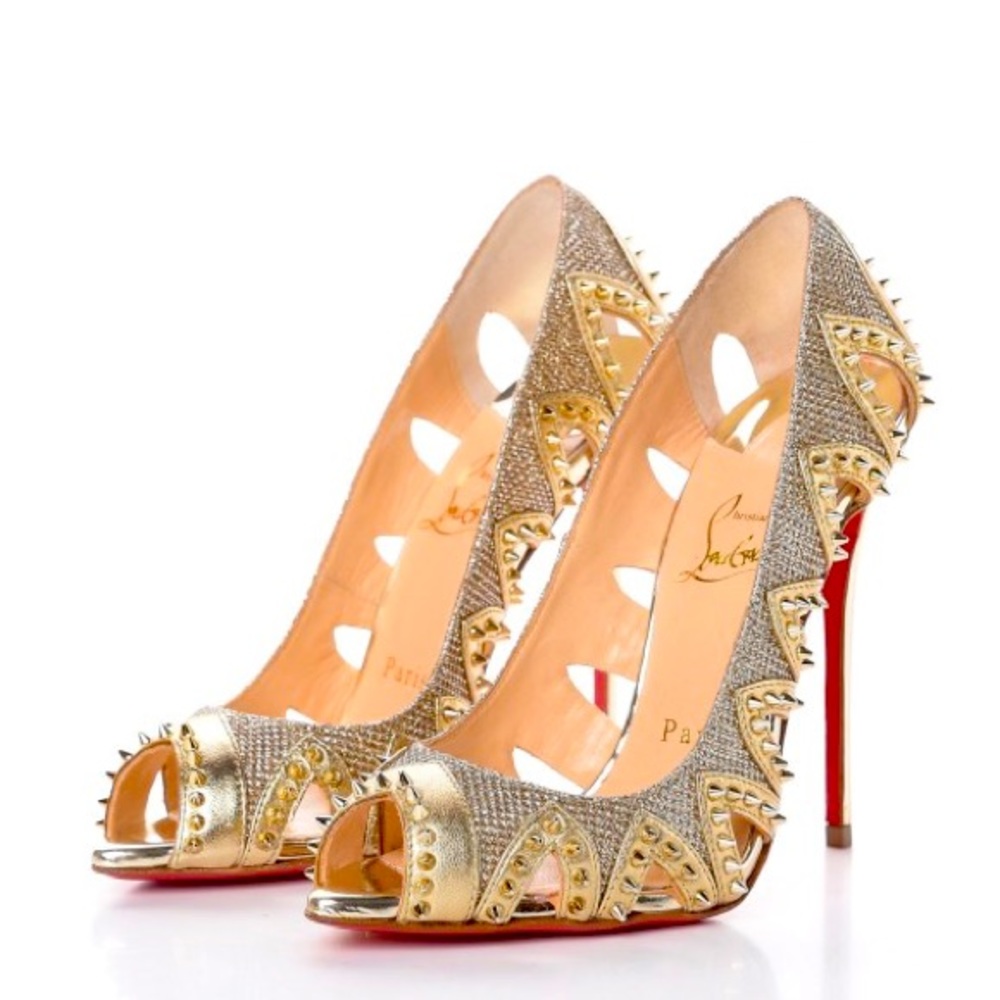 Christian Louboutin Glitter Silk Nappa Spiked Circus City 120 Pumps size 39 GOLD